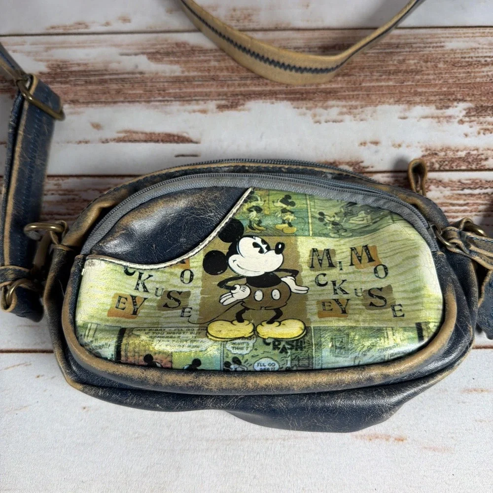 Disney Mickey Mouse Crossbody Bag Purse Distressed Faux Leather Denim Look Blue